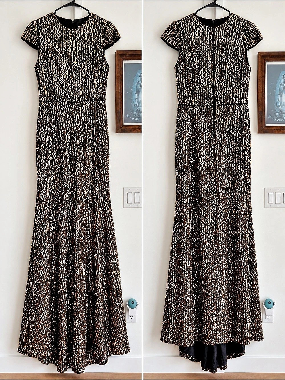 Mac Duggal Ieena Sequined Cap Sleeve High Neck Gown Black & Gold Like New